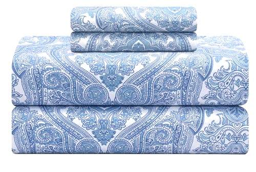 Feather & Stitch Softest 100% Cotton Sheets, 300 Thread Count Percale Weave Bedding, 16' Deep Pocket, Cooling Sheets, Breathable Bed Set, Hotel Premium Quality (King Blue Paisley)