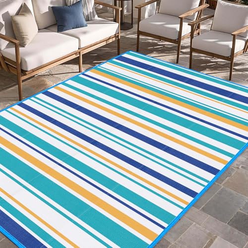 Outdoor Patio Plastic Rug Waterproof - Outdoor Rugs for Camper Outside Rv Porch Deck Clearance Area Carpet for Outside Balcony Patio Decor Blue & Yellow 4x6 ft