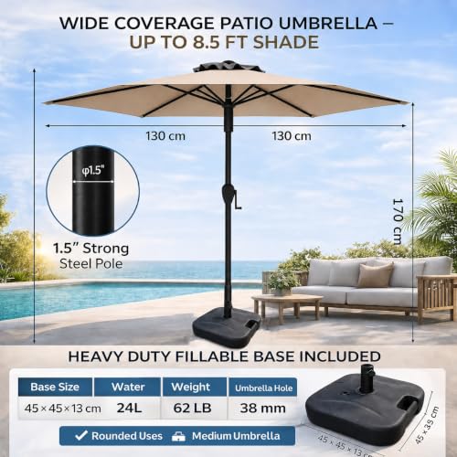 Image of Hukimoyo 8.5Ft Diameter Large Outdoor Patio Cantilever Offset Umbrella with Base Stand, Waterproof Heavy Duty Garden Parasol Sun Shade Canopy, Side Pole Umbrella for Backyard, Poolside, Deck, Lawn, Terrace, Cafe.