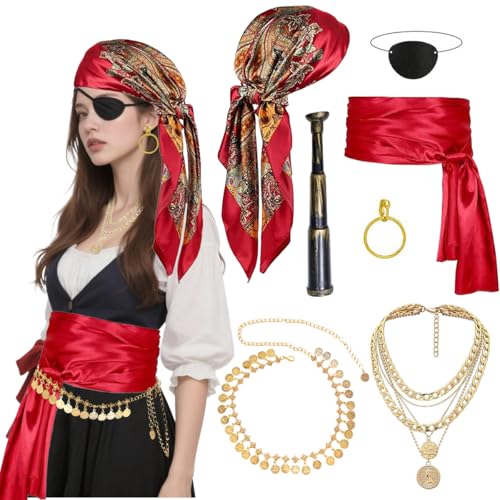 Mikbnfrb Pirate Costume Accessories Set Men Women, Pirate Hat Head Scarf Bandana Dress Belt Chain Jewelry (Red)