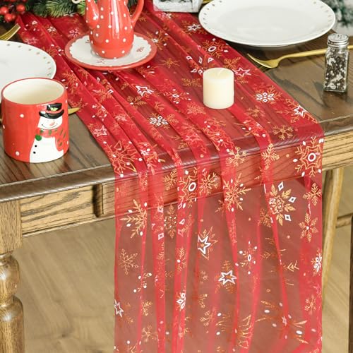 Artoid Mode Red Gold Snowflakes Christmas Gauze Table Runner 120 Inch 10FT, Winter Stars Sheer Cheesecloth Dining Holiday Table Decor for Home Party