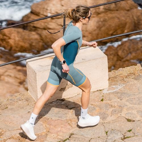 Santic Damen Triathlonanzug Gepolstert Triathlon Einteiler Kuzarm Anzug Pro Tri-Anzug Schnell Trocknend Abnehmen Fahrrad Skinsuit Grün M