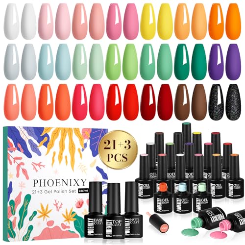 Phoenixy Vernis Semi Permanent, 21 Couleurs Vernis Gel UV Semi Permanent 24PCS Lot de Vernis à Ongles avec Base Top Coat Brillante et Mat Kit de Vernis à...