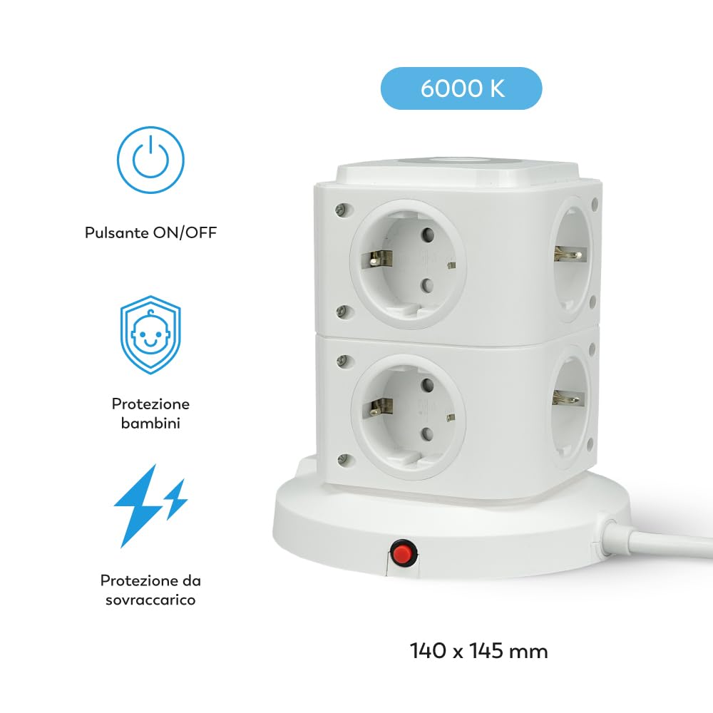 Ciabatta Elettrica 11 in 1 con 8 Prese Schuko, 2 USB-C PD20W e 1 USB-A, Bianco