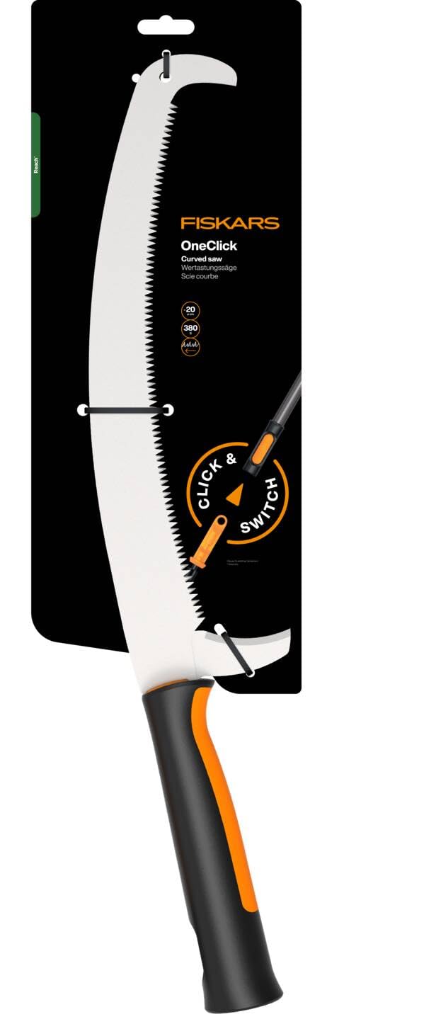 Fiskars OneClick Scie à Branches Courbe, Changement Facile en Un Seul Clic | Idéal pour Branches Hautes avec Manche Télescopique, Longueur:62,1cm, Noir/Orange, 1080690