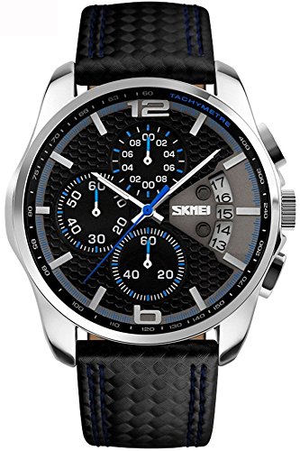 Qingmei Hommes Montre de sport analogique à quartz bande de cuir imperméable calendrier Chronographe Multifonction sk9106 Bleu