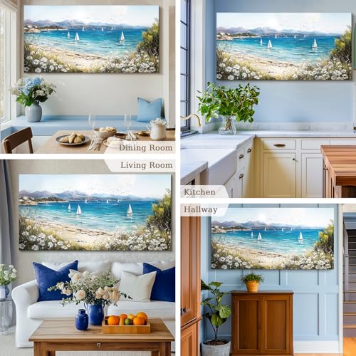 SERIMINO Beach Landscape Wall Art, Seaside Scenery Extra Large Canvas Wall Pictures, Wildflower Nature Decor Painting, Bright House Decorations Living Room Bedroom Rustic Wall Decor Art Prints 30"X60"