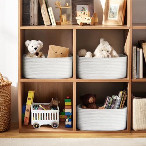 Image of MEGASKET Small White Baskets for Organizing, Woven Storage Baskets for Shelves, Cotton Rope Gift Bins Empty, Decorative Organizer Box, Wicker Towel Bathroom Storage, 13.8 inchx8.8 inchx5.5 inch