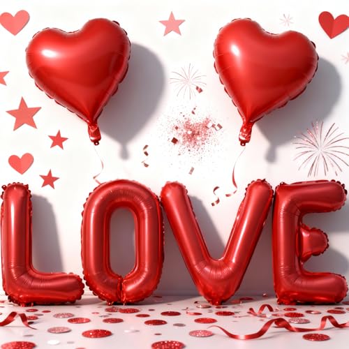 Image of Love Balloons Banner and Heart Shaped Balloon, Love Balloons Decorations for Him Her I Heart You Valentines Day Balloon for Valentine Day Romantic Wedding Anniversary Engagement Party Supplies