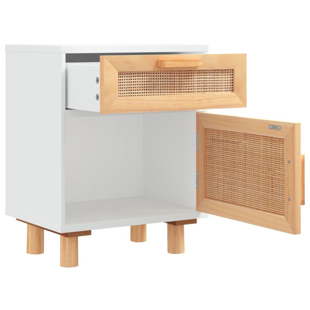 Fengshui Comodino bianco in legno massello di pino e rattan naturale
