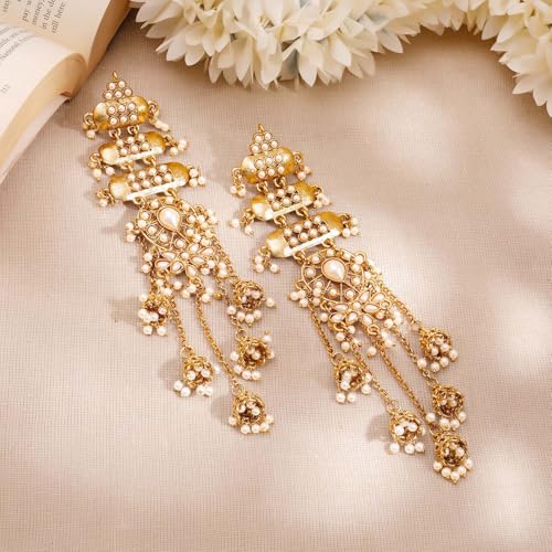 Image of Rubans Long Jhumka Earrings with Ear Chain Pearl Beaded Traditional Wedding Jewellery Gift for Women & Girls