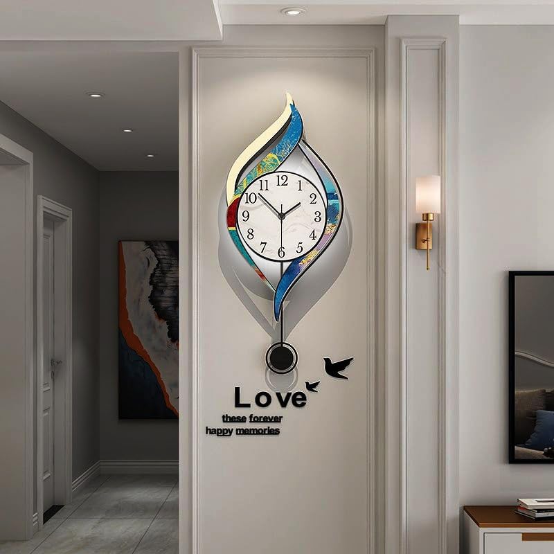 Modern Decorative Wall Clock, Teal and Gold Metal Frame, Silent Sweep Movement, Shatterproof Glass (Model: 13.78 * 33.07 in + White Panel + Light)