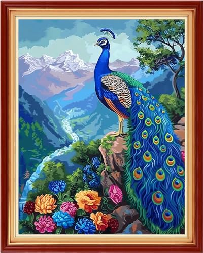 Image of Funchey Stamped Cross Stitch Kits, DIY Cross Stitch Pattern for Adults Beginners Needlepoint Kits Embroidery Kit Arts and Crafts 11CT&Blue Peacock Landscape 16x20 inch