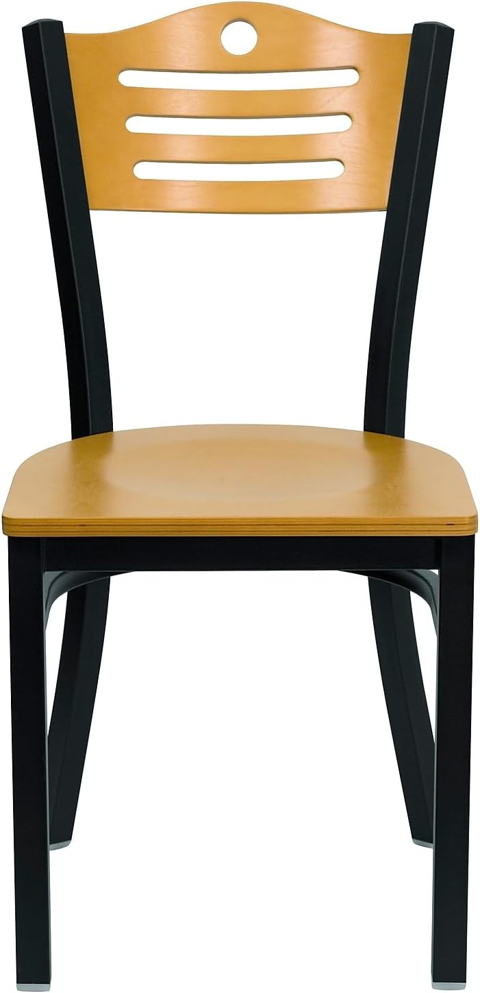 Flash Furniture HERCULES Series Black Slat Back Metal Restaurant Chair - Natural Wood Back & Seat