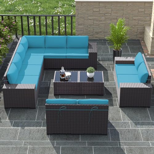 Image of 12 PCS Outdoor Patio Furniture Set,Outdoor Sectional Furniture All Weather PE Rattan Wicker Patio Conversation Set with 2 Coffee Tables and 10 Thickened Cushions,Turquoise Blue