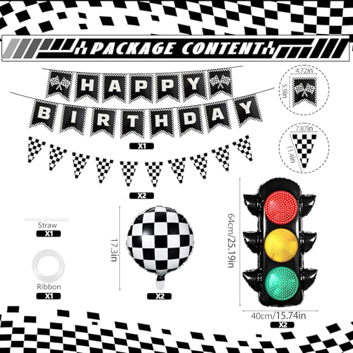 Image of Race Car Birthday Party Decorations with Traffic Light Balloons,Automobile Party Decor for Kids Include Transportation Light Balloons Happy Birthday Banner Checkered Pennant Banner Checkered Balloon