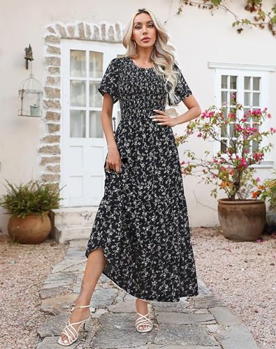 Image of Kranda Women 2025 Summer Fall Crewneck Short Sleeve Smocked Floral Maxi Dress