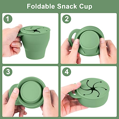 Vicloon Collapsible Silicone Baby Snack Cup, Baby Snack Cup, Silicone Snack Cup Non Spill Snack Pot for Baby, Snack Catcher Food Cup with Lid, Snack Pot for Toddler (Green) - Image 2
