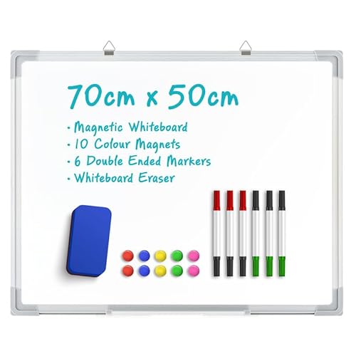Magnetic Whiteboard 70 X 50 cm, Wall Hanging White Board with 10 Colour Magnets, 6 Double Ended Market Pens,Whiteboard Eraser, Drawing Memo Notice Board for Office, School