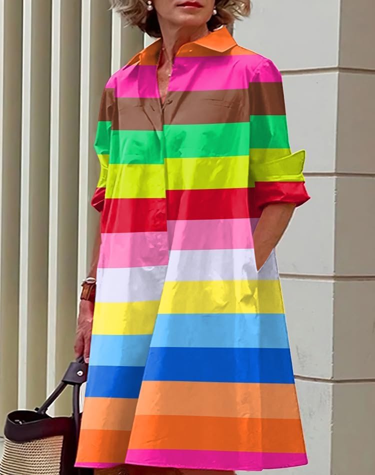 Womens 2025 Long Sleeve Button Down Shirt Summer Dress Casual V Neck Loose Fit Midi Shirt Dresses with Pockets - Image 2