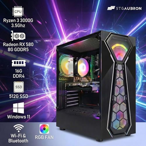 Image of STGAubron Gaming PC Bundle with 24Inch FHD LED Monitor-Radeon RX 580 8G GDDR5, AMD Athlon 3000G 3.5G,16G RAM, 512G SSD, RGB Fan x 4, Windows 11 Home
