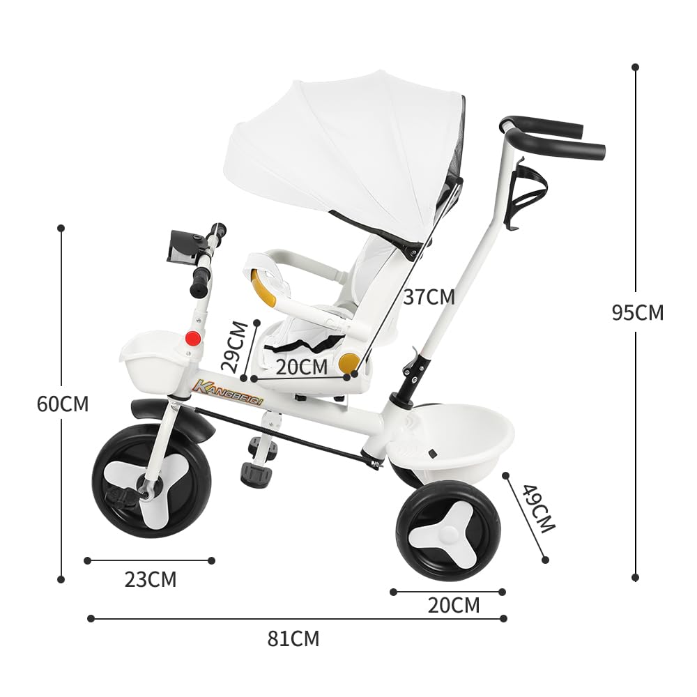 Triciclo Evolutivo per Bambini, Triciclo 5 in 1 - Luci e musica, Seggiolino avvolgente, Seggiolino e inclinazione, Passeggino a 4 ruote, Protezioni rimovibili, Portabicchiere, Bianco