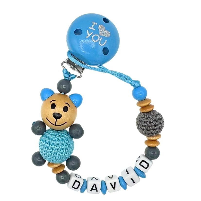 Set Nuckelkette + Kinderwagenkette mit Namen " 3D - BÄR MIT HÄKELKÖRPER " Skyblau Grau Natur/Baby/Unisex/Personalisiert/HANDMADE