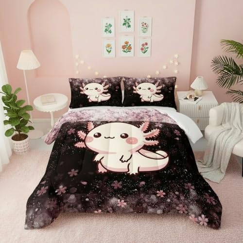 Image of QOOMO Kawaii Axolotl Kids Comforter Set Full Size,Cute Animal Print Bedding Set for Boys Girls Room Decoration,Pink Bed Set Microfiber Lightweight All Season,1 Comforter Set 2 Pillowcases