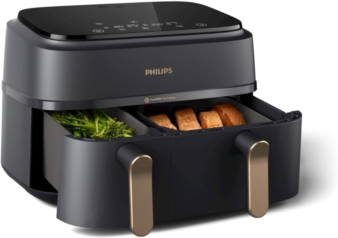 Philips Airfryer Dual Basket 3000 Series Heißluftfritteuse, 9L, 2 Körbe, 2 Gerichte gleichzeitig, RapidAir Plus Technologie, 90% weniger Fett, Energieeffizient, HomeID App (NA352/00)