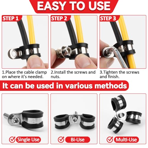 Image of 12 Pack Stainless Steel Cable Clamps - 3 /8 inch, 1 /2 inch, 5 /8 inch, 3 /4 inch Rubber Coated Insulated Wire Clamps, Pipe Clamp for Pipe Hose Household Garden Automotive Wire Cord Installation