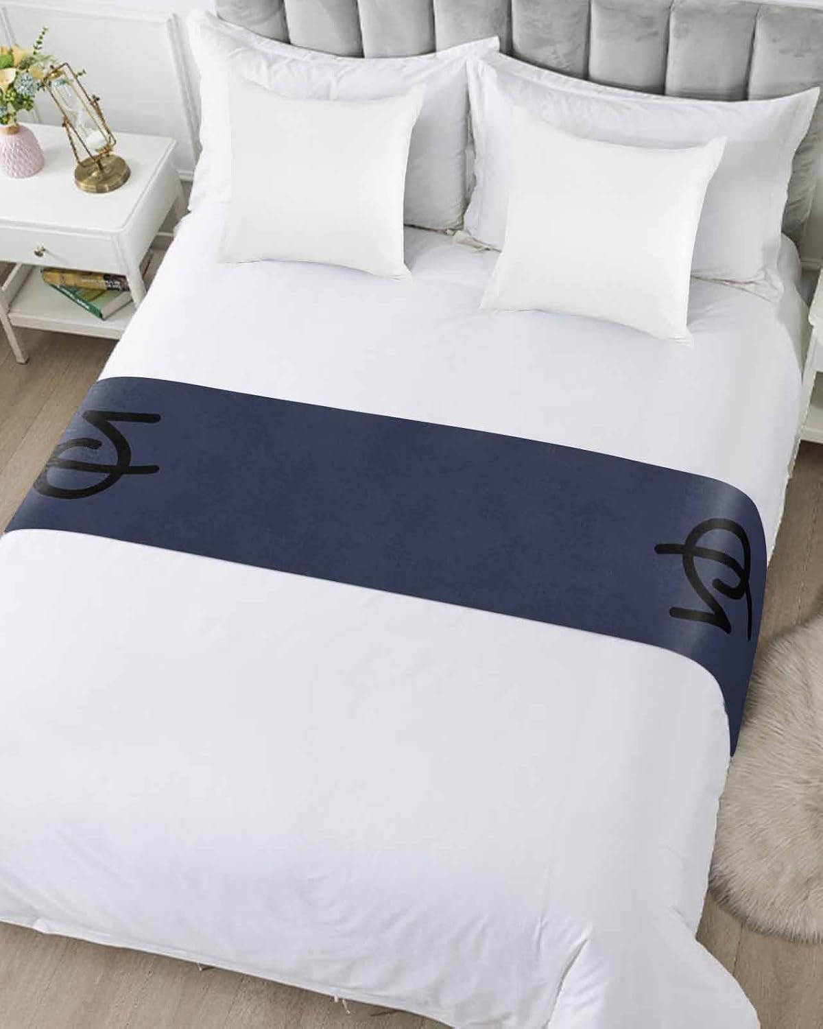 Navy Blue Bed Runner Scarf Twin Size, Japanese Style Cartoon Cute Cat Animals Luxury Bed Throw Runners & Scarves for Twin Full Queen King Foot of Bed, Bedroom Hotel Wedding Room Decoration, 71"x20"