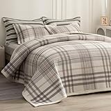 tohrisa Cotton Plaid Quilt Set, Ultra Soft 3 Pieces Queen Size Bedding with 2 Pillow Shams, Lightweight Reversible Coverlet Bedspread with Wave Quilting for Summer, 90