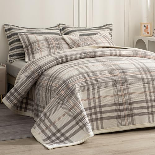 tohrisa Cotton Plaid Quilt Set, Ultra Soft 3 Pieces Queen Size Bedding with 2 Pillow Shams, Lightweight Reversible Coverlet Bedspread with Wave Quilting for Summer, 90