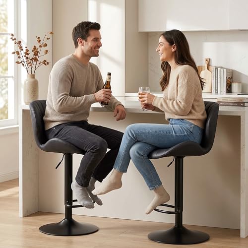 Image of HealSmart Bar Stools Set of 2, Adjustable Counter Height Swivel Stools, Modern Fabric Upholstered Bar Chairs with Backrest for Kitchen Island, Home Bar & Dining Area, Black