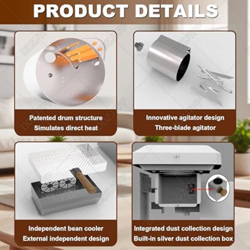 DDZJTPP Elektrischer Kaffeebohnenröster Gewerblicher Röster Kaffeebohnen Röstmaschine mit Rauchfilter,360 ° Rotation Heizung 3–5 Minuten schnelle Abkühlung für Heimgebrauch oder das Büro