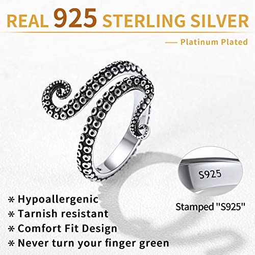 Chicsilver Octopus Ring 925 Sterling Silver Punk Vintage Sea Monster Open Adjustable Stacking Ring For Women Men Size 8 #TOP4