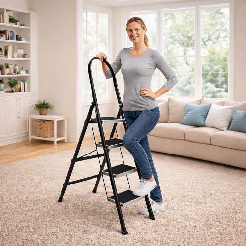 Image of TEKCOOL Foldable Ladder for Home 4 Steps with Built-in Tool Tray | Heavy Duty D Shape rods | 20 x 30 cm Large Platform | Wide Rubber feet | Secure Lock | 150kg Capacity