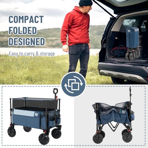 Image of Timber Ridge Foldable Wagon 350L Extendable Height, Large Capasity Collapsible Wagon Cart with All Terrians Detachable Wheels, Compact Folding Utility Wagon for Camping, Fishing, Shopping Navy