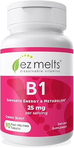 Vitamina B1 como tiamina, 25 mg por porción, vegano, cero azúcar, tiamina promueve membranas mucosas saludables y salud celular.,90 tabletas de