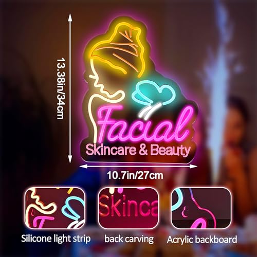 Image of Skin Care & Beauty Neon Sign - USB Powered Colorful LED Wall Sign, Beauty Salon Decor, Spa Center Lighting, Makeup Room Decoration, Cosmetology Studio Sign 13.38″ x 10.7″