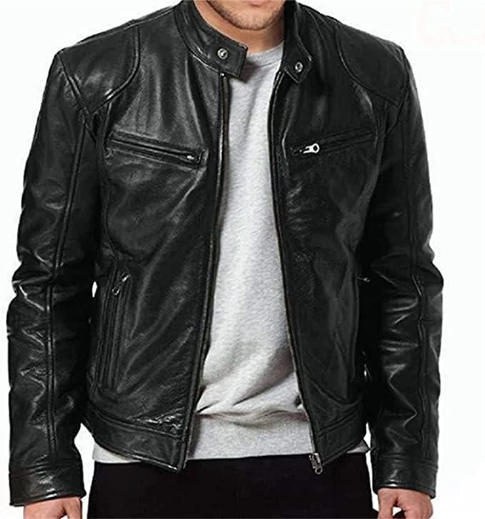 WFEI Autumn Male Leather Jacket Mens Stand Collar Coats Leather Biker Jackets Motorcycle Leather Jacket