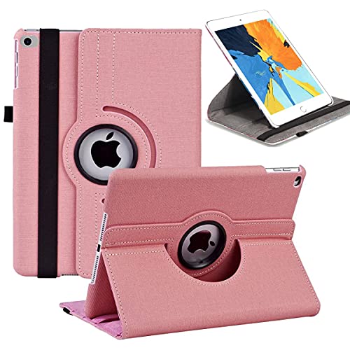 iPad Mini5 ケース 2019/ iPad Mini4 ケース 7.9インチタブレットケース 軽量 手帳型 360度回転スタンド オートスリープ機能 2段階調節可能 固定バンド 脱落防止耐衝撃 耐久性 おしゃれデニム生地 (ピンク)