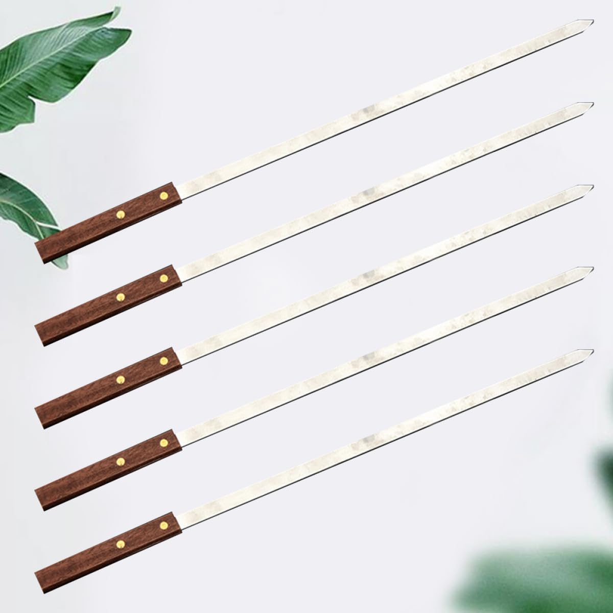 Kisangel 5Pcs Stainless Steel BBQ Skewers with Flat Shape and Wooden Handles Reusable Meat Sticks for Grilling Kabobs Family Dinners Parties Outdoor Use Light Brown