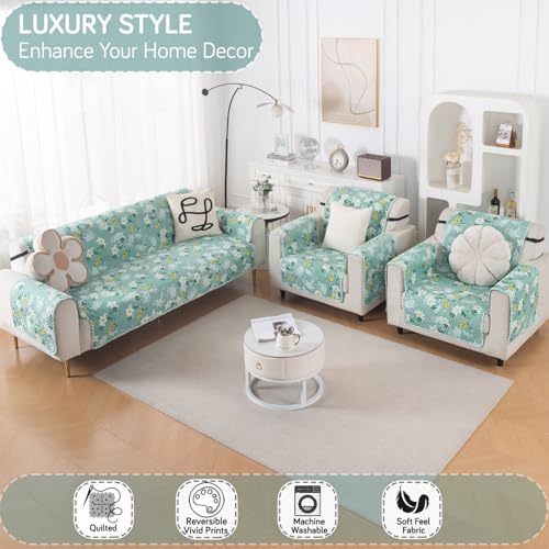 Image of HOKIPO AB Dual Design Quilted Sofa Cover 5 Seater, 3+1+1 Sofa Cover Set, Easy Drape Series, Fresh Meadow (IN-1101 + IN-1099 * 2-ED6)