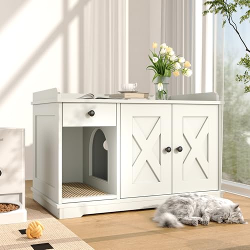 Hidden Litter Box Furniture Enclosure for Indoor Cats All-in-One Cat Cabinet with Ventilation Holes,Double-Layer Litter Mat Indoor Cat House with Storage Drawer Side Table Cats Box Cabinet