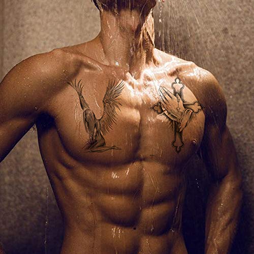 Temporary Tattoos For Men Women Black Large Catholic Cross Angel Tattoo Sticker Body Art Makeup Half Arm Fake Tattoo Waterproof (Pattern 2) #TOP3