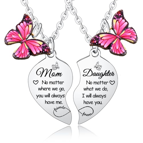 2PCs Mother Daughter Heart Matching Pendant Necklaces Set - I Love You Gifts for Mom & Daughter - Butterflies Stuff Jewelry