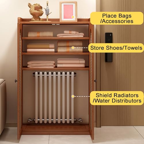 Cache-radiateur en bois et rotin 113 cm avec étagères réglables