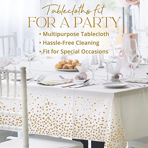 StarMar White and Gold Tablecloth Plastic for Rectangle Tables,- 4 Pack - Disposable Table Cloths for Parties, Gold Dot Confetti Rectangular Table Covers, Thanksgiving, Christmas