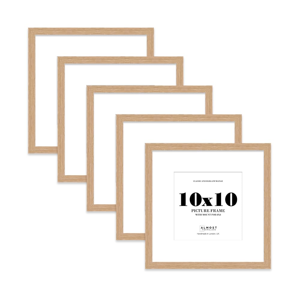 10x10 Oak Picture Frame with Mount for 8x8 Photos, Prints - Modern Square Wall Frame, Set of 5